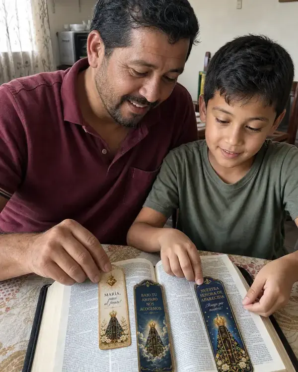 Padre e hijo leyendo la Biblia con marcapáginas marianos